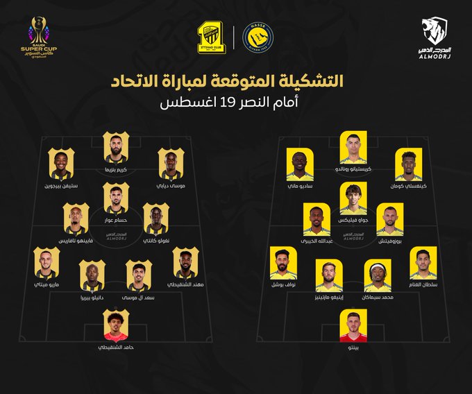 التشكيلة المتوقعة لقمة الاتحاد والنصر في 19 أغسطس